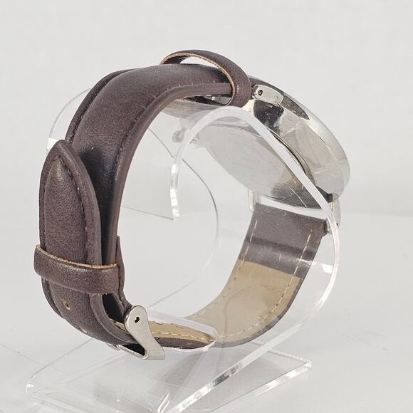 Women's Quartz Watch White Dial Brown Faux Leather Band Silver Case 40mm - Picture 8 of 12